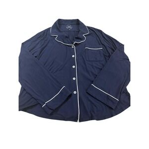 Cozy Earth Navy Blue Bamboo Long Sleeve Pajama Top Button Down Contrast Piping L
